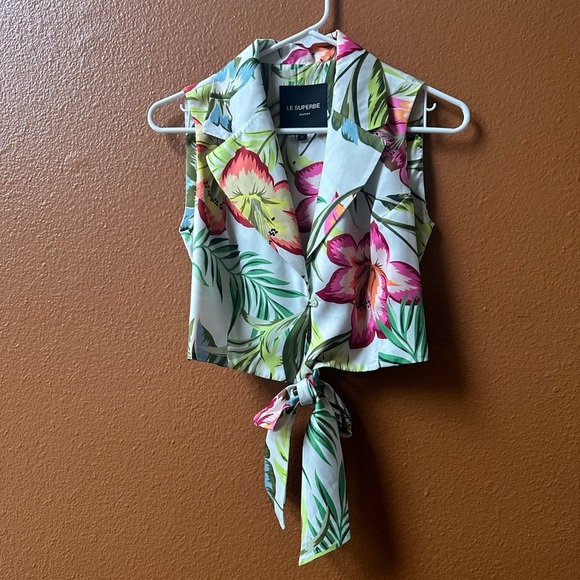 LE SUPERBE “Skyline Floral” Tie-Front Blouse Foliage Leaf Print Size 0 NWOT! - Picture 4 of 7